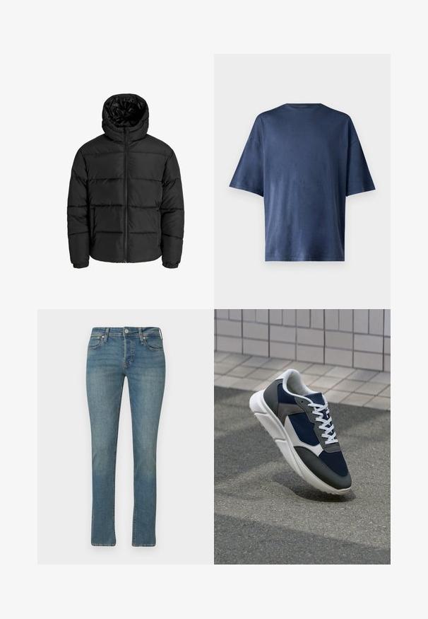 Črna puf jakna z zadrgo spredaj, kapuco in elastičnimi manšetami. Narejena iz gladkega, vremensko odpornega materiala s prešitim dizajnom.; Temno modra kratka majica s kratkimi rokavi, izdelana iz mehkega materiala, ima klasičen kroj ovratnika in sproščen fit, brez vidnih vzorcev ali poudarkov.; Svete modre raztegljive kavbojke s ravnimi nogavicami, zasnovo s petimi žepi, sprednjim gumbom in subtilnimi detajli whiskering na tkanini.; Superge z zgornjim delom iz mrežaste tkanine v mornarsko modri barvi, sivi usnjeni poudarki, belo gumijasto podplato in ravnimi belimi vezalkami, zasnovane za udobje in zračnost.