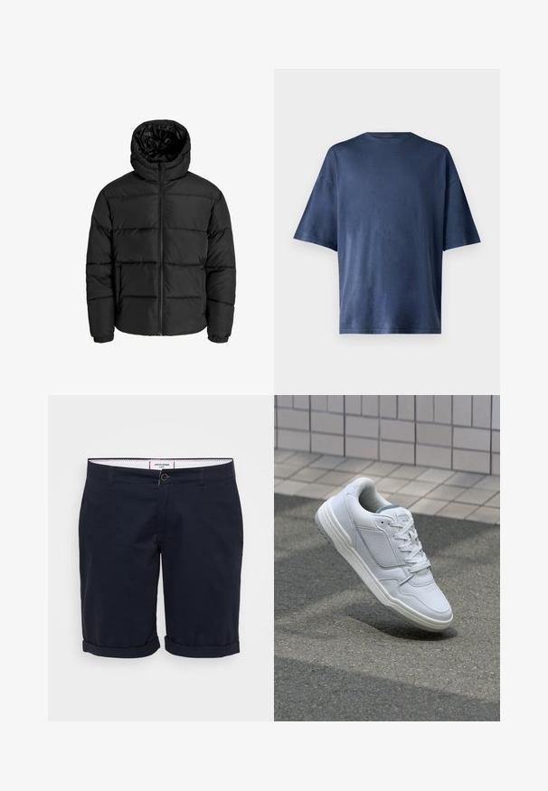 Black puffer jacket with a zip front, hood, and elastic cuffs. Made of smooth, weather-resistant material with a quilted design.; Navy blue short-sleeve T-shirt, made of soft fabric, features a classic crew neck and relaxed fit, with no visible patterns or accents.; Navy blue shorts made of cotton fabric, featuring a flat front, rolled cuffs, and a single front button closure.; White leather sneaker with perforated sides, textured accents, flat laces, and a contrasting gray heel. Features a slightly elevated sole.