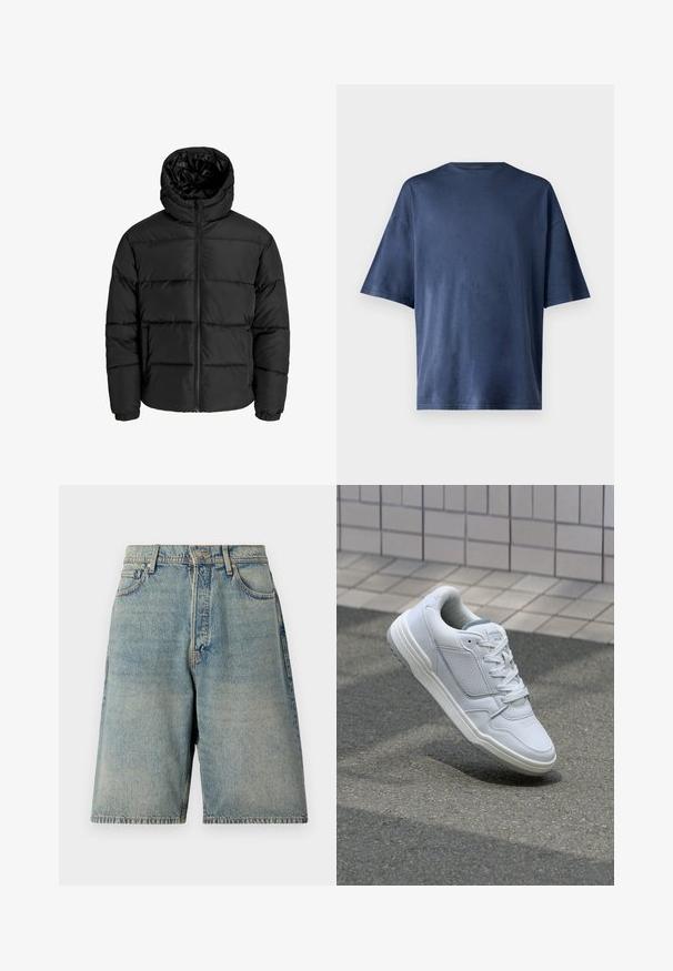 Juodas pūkuotas džemperis su užtrauktuku, kapišonu ir elastinėmis rankovėmis. Pagamintas iš glotnių, oro sąlygoms atsparių medžiagų su siuvinėjimo raštu.; Tamsiai mėlynas trumpomis rankovėmis marškinėliai, pagaminti iš minkštos medžiagos, pasižymi klasikinio apvalaus kaklo ir laisvo kirpimo, be matomų raštų ar akcentų.; Šviesiai mėlynos džinsinės šortai su laisvu siluetu, turintys penkis kišenes, priekinį uždarymą mygtuku ir netolygų apatinį kraštą.; Baltos odinės sportinės bateliai su perforuotais šonais, tekstūruotais akcentais, plokščiomis raištelėmis ir kontrastingu pilku kulnu. Yra šiek tiek pakelti padas.