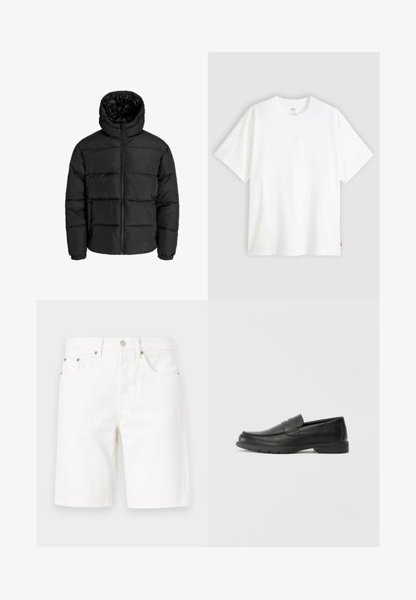 Schwarze Pufferjacke mit Reißverschluss, Kapuze und elastischen Bündchen. Hergestellt aus glattem, wetterbeständigem Material mit gestepptem Design.; Weißes T-Shirt mit kurzen Ärmeln aus Baumwolle und rundem Halsausschnitt. Besitzt ein dezentes, geprägtes Logo-Detail auf der Vorderseite und ein rotes Etikett am Saum.; Weiße Denim-Shorts mit geradem Schnitt, ausgestattet mit einem Frontknopfverschluss, fünf Taschen und dezenten Steppdetails.; Schwarze Lederloafers mit glatter Oberfläche, Mokassin-oberteil, genähten Details und Gummisohle. Klassisches Design mit niedrigem Absatz.