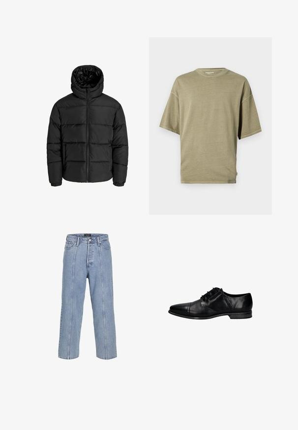 Giubbotto imbottito nero con zip frontale, cappuccio e polsini elastici. Realizzato in materiale liscio e resistente alle intemperie con un design trapuntato.; T-shirt verde oliva a maniche corte realizzato in tessuto morbido, con scollatura rotonda e vestibilità rilassata, dotato di orli cuciti.; Jeans in denim blu chiaro con una vestibilità ampia, gambe larghe e dettagli di cucitura visibili. Presenta una chiusura con bottone e zip, cinque tasche.; bugatti ARMO COMFORT - Stringate - schwarz