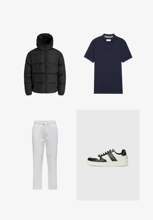 Czarna kurtka puchowa z zamkiem błyskawicznym z przodu, kapturem i elastycznymi mankietami. Wykonana z gładkiego, odpornego na warunki atmosferyczne materiału z pikowanym wzorem.; Granatowa koszulka polo z teksturowanej tkaniny, z zapięciem na trzy guziki, krótkimi rękawami oraz detalem w formie pasków na kołnierzyku.; Białe spodnie dresowe na gumkę z troczkiem. Prosta nogawka, wykonane z gładkiego, lekkiego materiału bez wzorów.; Skórzane sneakersy w czarno-kremowym schemacie kolorystycznym, z perforowanymi akcentami, wyściełanym kołnierzem i teksturowaną podeszwą.