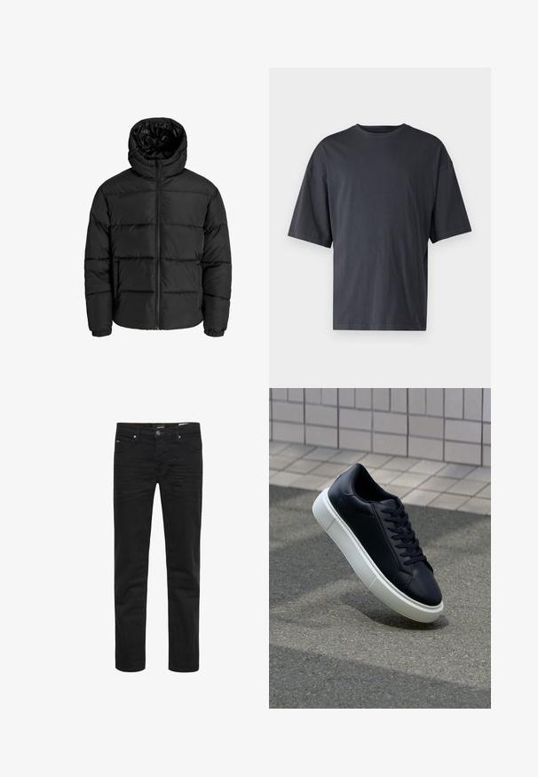 Črna puf jakna z zadrgo spredaj, kapuco in elastičnimi manšetami. Narejena iz gladkega, vremensko odpornega materiala s prešitim dizajnom.; Temno siva majica s kratkimi rokavi iz lahkotnega bombaža, z ohlapnim krojem in klasičnim okroglim izrezom, z enostavno teksturo in brez vzorcev.; Črne jeanske hlače s ožjim krojem. Vključujejo pet žepov, zapiranje na gumb in subtilne podrobnosti šivanja. Na splošno gladka tekstura.; Črne usnjene superge z zaobljenim prstom in belim gumijastim podplat. Imajo ravne vezalke in minimalno šivanje na zgornjem delu. Teksturirani podplat za oprijem.