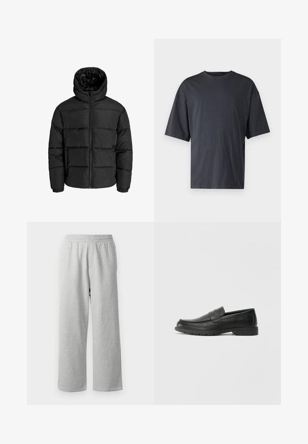 Schwarze Pufferjacke mit Reißverschluss, Kapuze und elastischen Bündchen. Hergestellt aus glattem, wetterbeständigem Material mit gestepptem Design.; Dunkelgraues Kurzarm-T-Shirt aus leichtem Baumwollmaterial, mit lockerer Passform und klassischem Rundhalsausschnitt, in einfarbigem Design ohne Muster.; Graue Baumwoll-Sweatpants mit elastischem Bund und weitem Bein, mit einer glatten Textur und minimalistischem Design, geeignet für den Freizeitlook.; Schwarze Lederloafers mit glatter Oberfläche, Mokassin-oberteil, genähten Details und Gummisohle. Klassisches Design mit niedrigem Absatz.