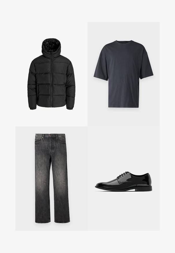 Must mühiga, millel on lukuga eesmine ja kapuuts, ning elastsed mansetid. Valmistatud siledast, ilmastikukindlast materjalist, mis on tikitud disainiga.; Tumehall lühikeste varrukatega T-särk, mis on valmistatud kerge puuvilla segust, laia lõikega ja klassikalise ümmarguse kaelusega, täiesti sile ja ilma mustriteta.; Tumedat hallid teksad sirge jala lõikega, viie taskuga, metallnuppude sulgemisega ja kerge pleekimisega. Puhtad jooned, ilma nähtavate mustriteta.; Mustan läikiva nahast kleitking, millel on ümar varvas, nööridega disain ja sile, läikiv pind. Omab madalat kummitalda.