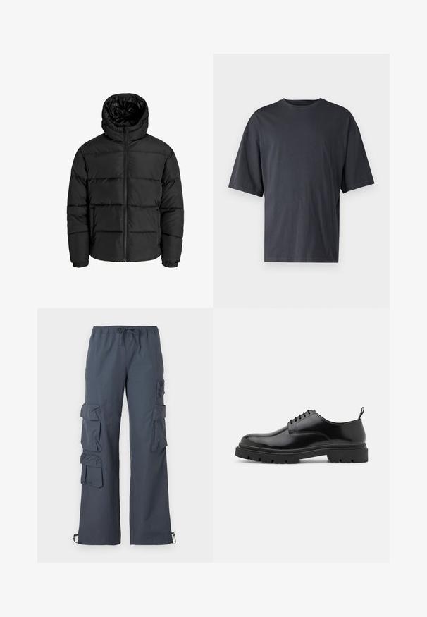 Czarna kurtka puchowa z zamkiem błyskawicznym z przodu, kapturem i elastycznymi mankietami. Wykonana z gładkiego, odpornego na warunki atmosferyczne materiału z pikowanym wzorem.; Ciemnoszara koszulka z krótkim rękawem wykonana z lekkiej bawełny, posiadająca luźny krój i klasyczny okrągły dekolt, o gładkiej fakturze i bez wzorów.; Ciemnoszare spodnie cargo z elastycznym pasem, wieloma dużymi kieszeniami po bokach oraz regulowanymi mankietami przy kostkach.; Czarne skórzane buty sznurowane z okrągłym noskiem, gładką teksturą i żłobioną gumową podeszwą. Posiadają mały obcas i pętlę z tyłu.