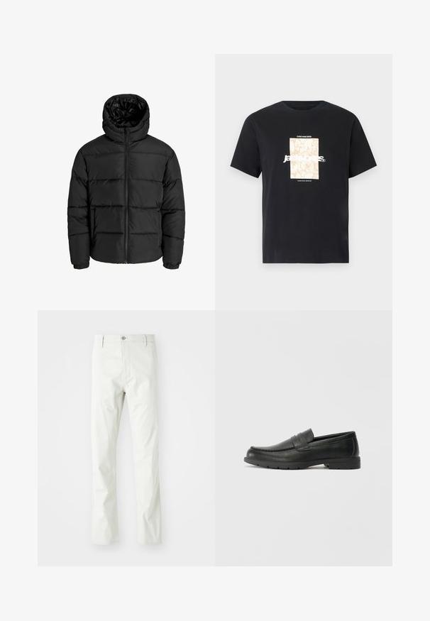 Čierna nadýchaná bunda s predným zipsom, kapucňou a elastickými manžetami. Vyrobená z hladkého, poveternostným podmienkam odolného materiálu s prešívaným dizajnom.; Čierne bavlnené tričko s okrúhlym výstrihom. Na prednej strane sa nachádza béžová obdĺžniková grafika s bielym textom "JAWO," ktorý je umiestnený na stred. Krátke rukávy.; Svetlo šedé bavlnené nohavice so strižením do rovného strihu, s gombíkovým zapínaním, prednými vreckami a jemnou textúrou.; Čierne kožené mokasíny s hladkým povrchom, vrchnou časťou v štýle mokasín, prešitým detailom a gumovou podrážkou. Klasický dizajn s nízkym podpätkom.