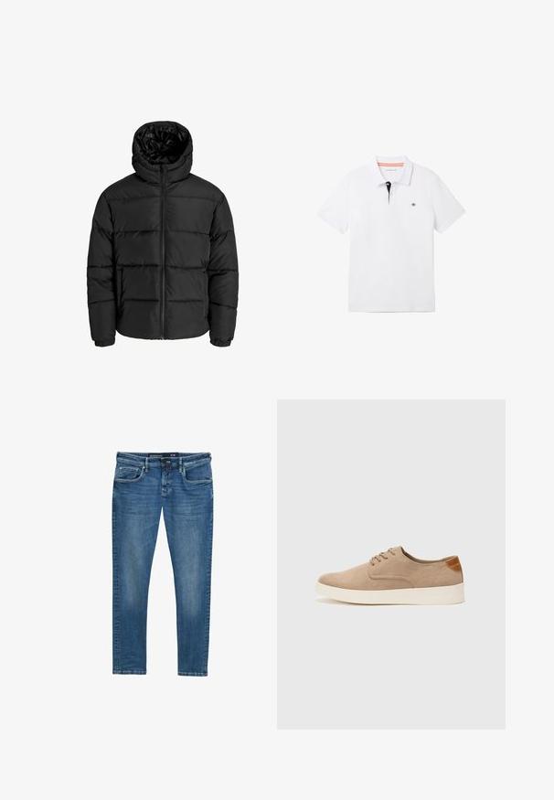 Must mühiga, millel on lukuga eesmine ja kapuuts, ning elastsed mansetid. Valmistatud siledast, ilmastikukindlast materjalist, mis on tikitud disainiga.; Valge polosärk musta kaelusega, millel on oranž ääreline, lühikesed varrukad ja väike logo rinnal. Valmistatud hingavast puuvillasegistusest.; Sinised denim teksad sirge jalaga, viie taskuga disain, õrn kulum reite piirkonnas ja vöökoha silt, mis näitab suurust 31/32.; Beežid nahast tossud ümarate varvastega, paeltega esiosa ja tekstuuriga tagakontuuriga. Valge kummist tallapakkumine loob kontrasti. Lihtne ja kaasaegne disain.