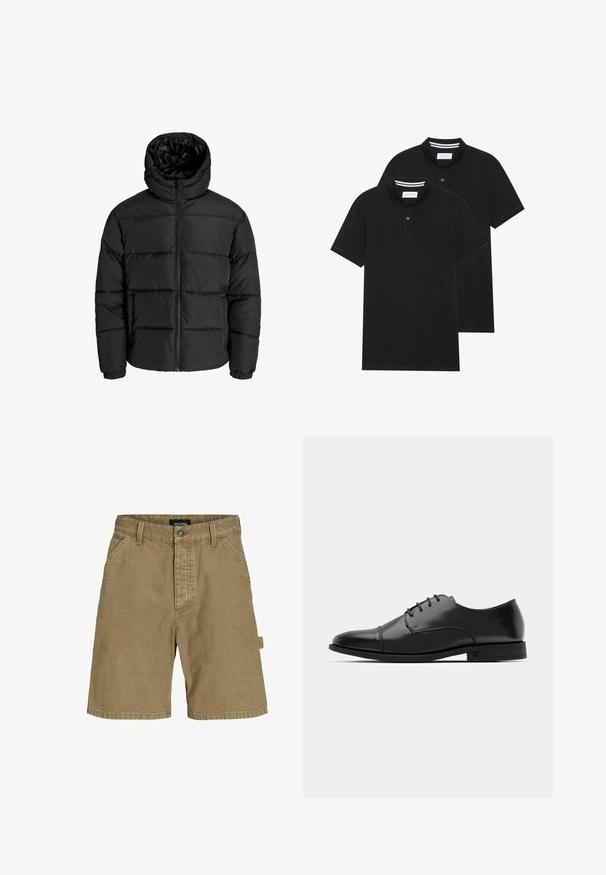 Sort foret jakke med lynlås foran, hætte og elastiske manchetter. Lavet af glat, vejrbestandigt materiale med en quiltet design.; To sorte polo T-shirts, kortærmede, lavet af bomuldsstof, med en klassisk krave, to-knaps placket og hvide stribede detaljer indeni kraven.; Beige bomuldsbukser med lige snit, der har sidelommer, lukning med knap foran og en logoetiket på bagsiden.; Sort læder dress-sko med rund tå, snørebåndsdesign, diskrete syninger og lav hæl. Glat tekstur med poleret finish.