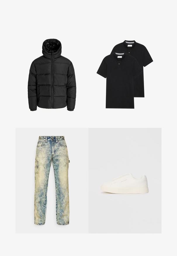 Črna puf jakna z zadrgo spredaj, kapuco in elastičnimi manšetami. Narejena iz gladkega, vremensko odpornega materiala s prešitim dizajnom.; Dve črne polo majice, kratke rokave, iz bombažnega materiala, z klasik ovratnikom, dvobodno zaponko in belimi črtkami znotraj ovratnika.; Priložene cargo hlače v ohlapnem kroju iz zbledelega modrega jeansa, ki imajo več žepov, vidne šive in obrabljen videz s svetlimi gubami.; Bele zapete brez vezalk z teksturirano površino, debelim podplatom in minimalističnim dizajnom. Na strani se nahaja logotip blagovne znamke.
