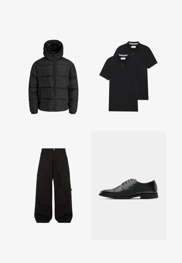 Černá péřová bunda s předním zipem, kapucí a elastickými manžetami. Vyrobena z hladkého, voděodolného materiálu s prošívaným vzorem.; Dvě černé polokošile s krátkým rukávem z bavlny, s klasickým límcem, dvouknoflíkovou légou a bílými pruhovanými akcenty uvnitř límce.; Černé cargo kalhoty vyrobené z odolného bavlněného materiálu s uvolněným střihem. Disponují několika utilitními kapsami a rovnými nohavicemi.; Černé kožené společenské boty s kulatou špičkou, šněrováním, jemnými švy a nízkým podpatkem. Hladký povrch s lesklým finišem.