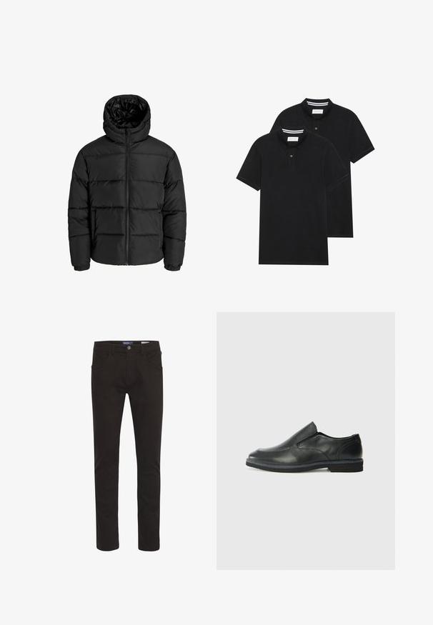 Doudoune noire avec fermeture éclair à l'avant, capuche et poignets élastiques. Fabriquée en matériau lisse et résistant aux intempéries avec un design matelassé.; Deux polos noirs, à manches courtes, en coton, avec un col classique, une patte de boutonnage à deux boutons, et des accents rayés blancs à l'intérieur du col.; Pantalons en mélange de coton noir, coupe slim, avec une fermeture à bouton, cinq poches, et une texture lisse. Présente des détails de couture classiques.; Chaussure slip-on en cuir noir avec une tige lisse, des accents cousus, un bout arrondi et un petit talon en caoutchouc. La semelle présente un profil de traction minimal.