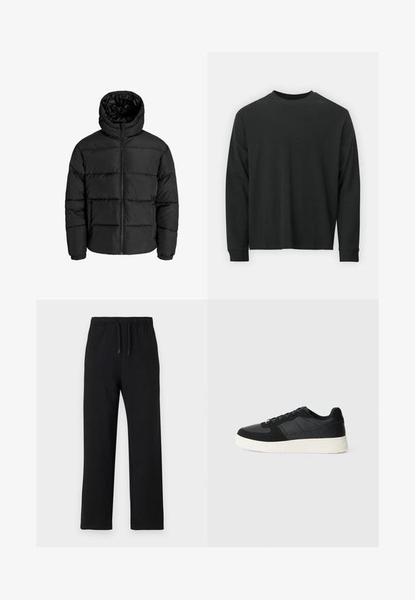 Chaqueta de plumas negra con cierre de cremallera en el frente, capucha y puños elásticos. Hecha de un material suave y resistente a la intemperie con un diseño acolchado.; Camiseta negra de manga larga, hecha de algodón, con escote redondo, corte holgado y puños acanalados. Textura suave sin patrones visibles.; Jack & Jones JPSTKANE JJCHARGE UNCUFFED - Pantalones deportivos - black; Zapatilla negra de corte bajo con paneles de cuero texturizado y gamuza, suela de goma blanca y cordones negros sobre un fondo claro y liso.