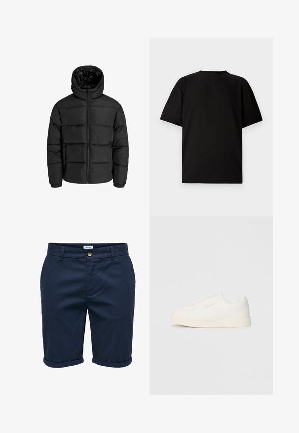 Black puffer jacket with a zip front, hood, and elastic cuffs. Made of smooth, weather-resistant material with a quilted design.; Black short-sleeve T-shirt made from ribbed fabric. Features a round neckline and a relaxed fit with a smooth texture. Back view only.; Navy blue shorts made of textured fabric with a button closure, turned-up hems, and side pockets, featuring a subtle pattern.; White slip-on sneakers with a textured surface, a thick sole, and minimalistic design. Features brand logo on the side.