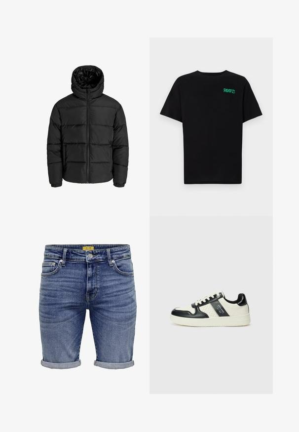 Svart puffjacka med dragkedja fram, huva och elastiska ärmmuddar. Tillverkad av slätt, väderbeständigt material med en quiltad design.; Svart t-shirt i bomull med korta ärmar. Har en grön "ROOTS" logotyp på framsidan, rund halsringning och standard passform.; Denimshorts i mellanblått. Har en klassisk femfickdesign, uppvikta fållar och subtila blekningar på tyget. Metallbeslag ingår.; Läder sneakers med en svart och krämfärgad färgsättning, med perforerade detaljer, en vadderad krage och en strukturerad yttersula.