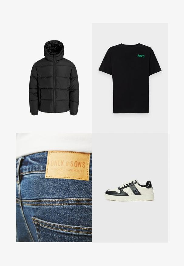 Crna puf jakna s zatvaračem sprijeda, kapuljačom i elastičnim manžetama. Napravljena od glatkog, vremenski otpornog materijala s kvadratnim dizajnom.; Crna majica kratkih rukava od pamuka. Na prednjem dijelu se nalazi zeleni "ROOTS" logo, okrugli izrez i standardni kroj.; Plave traperice s istaknutom smeđom kožnom etiketom pri leđima, koja sadrži tekst "ONLY & SONS" i "PASSIONATE JEANS MAKERS."; Kožne tenisice s crno-bijelom paletom boja, koje imaju perforirane akcentne detalje, podstavljeni ovratnik i teksturiranu potplat.