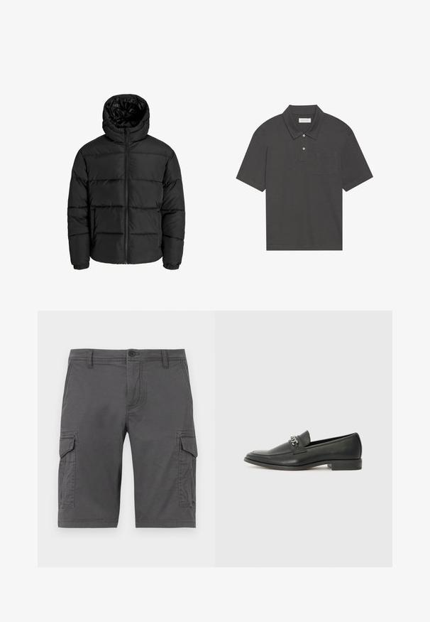 Must mühiga, millel on lukuga eesmine ja kapuuts, ning elastsed mansetid. Valmistatud siledast, ilmastikukindlast materjalist, mis on tikitud disainiga.; Tumehall polo särk traditsioonilise kraega, kolme nööbiga kinnitus, lühikesed varrukad ja vasakul rinnal tasku. Sile kangastekstuuri.; Halli cargo lühikesed püksid küljetaskutega, valmistatud vastupidavast kangast, nup closure ja vööaasadega. Sile tekstuur, põlvini ulatuv disain.; Must haveate nahkking punased, millel on sile viimistlus, tikitud muster ja dekoratiivne metallkett vampi üle. Tasane konts.