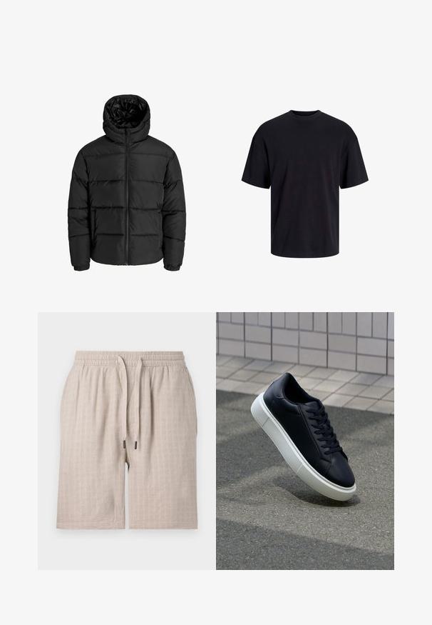 Zwarte pufferjack met een rits aan de voorkant, capuchon en elastische manchetten. Gemaakt van glad, weerbestendig materiaal met een gestikt ontwerp.; Zwarte katoenen t-shirt met een ronde halslijn, korte mouwen en een relaxte pasvorm. Glad textuur en geen zichtbare patronen of accenten.; Beige, geweven shorts met een elastische tailleband en trekkoord. Heeft een subtiel ruitpatroon en een losse pasvorm. Geen zichtbare zakken.; Zwarte leren sneaker met een ronde neus en een witte rubberen zool. Voorzien van platte veters en minimale stiksels op het bovenwerk. Textuurrijke zool voor grip.