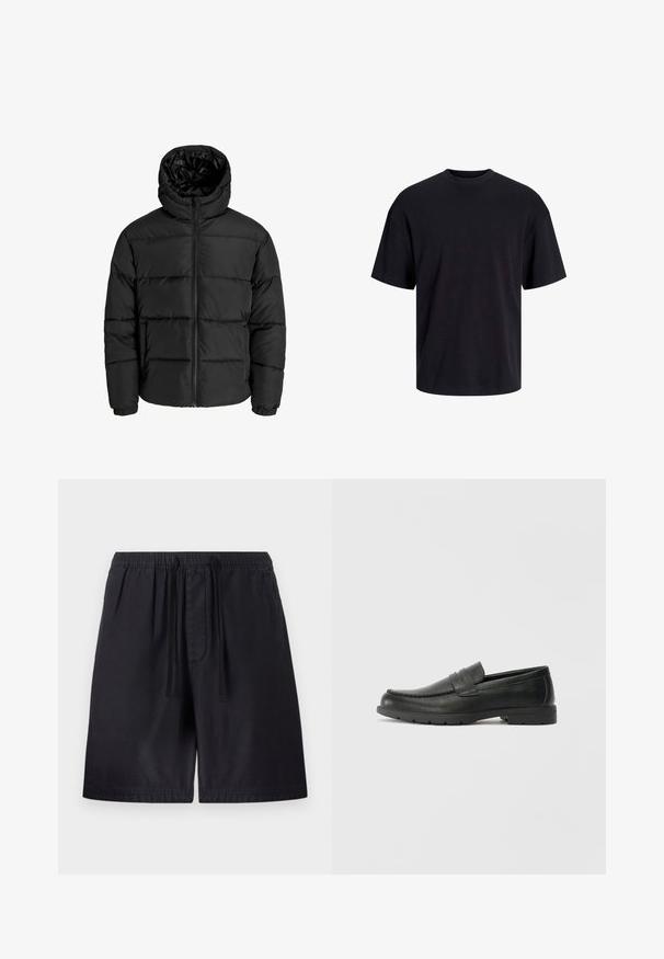 Giubbotto imbottito nero con zip frontale, cappuccio e polsini elastici. Realizzato in materiale liscio e resistente alle intemperie con un design trapuntato.; T-shirt in cotone nero con collo rotondo, maniche corte e vestibilità morbida. Texture liscia senza pattern o dettagli visibili.; Pantaloni corti neri con vita elasticizzata, dotati di cordoncino, tasche laterali e un tessuto leggero per il massimo comfort. Dettagli delle cuciture visibili.; Mocassini neri in pelle con una finitura liscia, parte superiore in stile mocassino, dettagli cuciti e suola in gomma. Design classico con tacco basso.