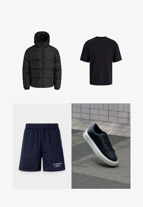 Black puffer jacket with a zip front, hood, and elastic cuffs. Made of smooth, weather-resistant material with a quilted design.; Black cotton t-shirt with a crew neckline, short sleeves, and a relaxed fit. Smooth texture and no visible patterns or accents.; Navy blue mesh sports shorts with an elastic waistband. Features white embroidered text "Sporting Goods & Equipment" on the lower right.; Black leather sneaker with rounded toe and white rubber sole. Features flat laces and minimal stitching on the upper. Textured sole for grip.