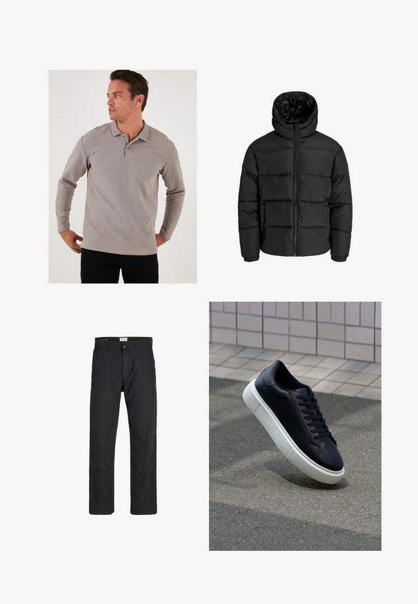 Giubbotto imbottito nero con zip frontale, cappuccio e polsini elastici. Realizzato in materiale liscio e resistente alle intemperie con un design trapuntato.; Polo a maniche lunghe grigio realizzato in tessuto testurizzato, con colletto e due bottoni, abbinato a pantaloni neri.; Pantaloni neri realizzati in tessuto resistente, caratterizzati da un design a gamba dritta, dettagli cuciti e due tasche frontali per la funzionalità.; Sneaker in pelle nera con punta arrotondata e suola in gomma bianca. Presenta lacci piatti e cuciture minime sulla parte superiore. Suola testurizzata per una migliore aderenza.