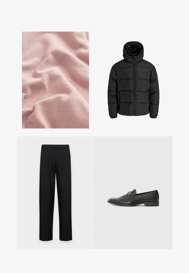 Melna pūkaina jaka ar rāvējslēdzēju priekšā, kapuci un elastīgām piedurknēm. Izgatavota no gludas, laika apstākļiem izturīgas materiāla ar kviltēta dizainu.; Mīksts, teksturēts rozā audums ar adījuma rakstu, kurā redzami maigi krokas un ļengans izskats. Ideāls apģērbam vai mīkstām mēbelēm.; Melnas bikses, izgatavotas no gludas auduma, ar taisnu kāju dizainu, divām priekšējām krokām un standarta jostu, kurai ir āķi.; Melna ādas loafer izmēra apavi ar gludu virsmu, piedāvā ar šūtu dizainu un dekoratīvu metāla ķēdes akcentu pār vampu. Plakana papēža daļa.