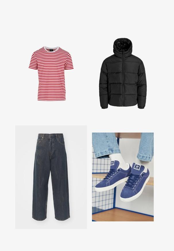 Jachetă puffer neagră cu fermoar în față, glugă și manșete elastice. Fabricată dintr-un material neted, rezistent la intemperii, cu un design matlasat.; Tricou cu mânecă scurtă, în dungi roșii și albe, cu gât rotund, fabricat dintr-un material cu o textură netedă. Prezintă dungi orizontale uniforme.; Jeans din denim decolorat, cu croi larg, de culoare albastru închis, cu o textură ușor distresată, cinci buzunare și o închidere clasică cu buton și fermoar la talie.; Adidași bleumarin din suede, cu talpă din cauciuc alb, vârfuri rotunde și o etichetă cu logo pe limbă. Ciorapi albaștri strălucitori vizibili.