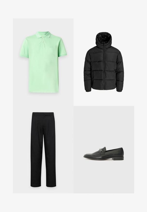 Musta puhvijakku, jossa on vetoketjukiinnitys, huppu ja joustavat hihansuut. Valmistettu sileästä, säänkestävästä materiaalista, jossa on tikkikuvio.; Vaaleanvihreä puuvillapaita, jossa on klassinen kaulus, kolme nappia edessä ja brodeerattu brändilogo vasemmassa rinnassa.; Mustat housut, jotka on valmistettu sileästä kankaasta, suoran lahkeen muotoilulla, kahdella etupleekillä ja tavanomaisella vyötäröllä, jossa on vyölenkit.; Musta nahkakengät, joissa on sileä pinta, koristeelliset ompeleet ja metalliketjun yksityiskohta kengän päällä. Littee korko.