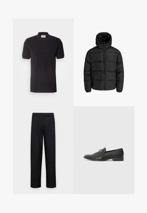 Czarna kurtka puchowa z zamkiem błyskawicznym z przodu, kapturem i elastycznymi mankietami. Wykonana z gładkiego, odpornego na warunki atmosferyczne materiału z pikowanym wzorem.; Scotch & Soda - Koszulka polo; Czarne spodnie wykonane z gładkiego materiału, z prostą nogawką, dwoma fałdami z przodu oraz standardowym paskiem z wypustkami na pasek.; Czarne skórzane mokasyny o gładkim wykończeniu, z haftowanym wzorem i dekoracyjnym akcentem z metalowego łańcucha na wierzchu. Płaska pięta.