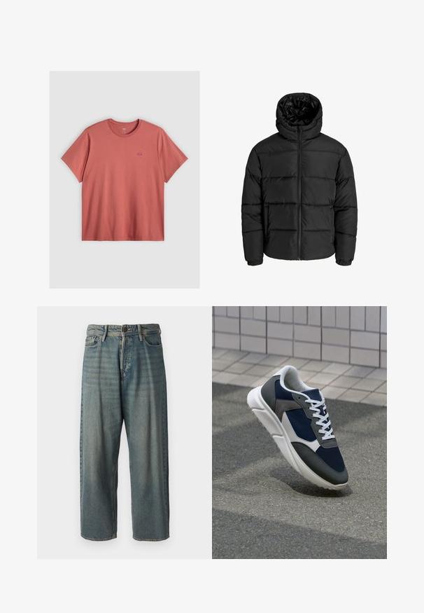 Fekete puffernadrág cipzárral, kapucnival és elasztikus mandzsettával. Simább, időjárásálló anyagból készült, steppelt kialakítással.; Rövid ujjú, fakó korall színű póló, pamutból készült, kerek nyakkal. A bal mellen egy kis piros Levi's logó található.; Világoskék farmernadrág, laza fazonnal, közepes derékbőséggel és egyenes szárral. Öt zsebet, övbucskát és gombos záródást tartalmaz.; Cipő, amelynek sötétkék hálós felsőrésze, szürke velúr díszítései, fehér gumitalpa és lapos fehér fűzője van, a kényelem és a légáteresztő képesség érdekében tervezve.