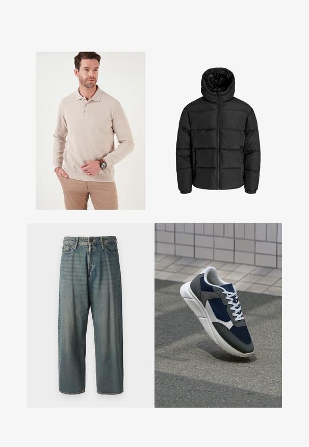 Must mühiga, millel on lukuga eesmine ja kapuuts, ning elastsed mansetid. Valmistatud siledast, ilmastikukindlast materjalist, mis on tikitud disainiga.; Bež pikka varrukatega särk ribatekstuuriga, kolme nupukesega kaelus ja kitsas hem. Kombineeritud heledate pükstega ja kellaga.; Heledad sinine denim-stiilis teksad, volüümse lõike, keskmise kõrgusega talje ja sirgete säärega. Omab viit taskut, vöökumme ja nööpide sulgemist.; Sneaker, mille sinine võrkkangas, hallid nubukdetailid, valge kummitald ja lamedad valged paelad, disainitud mugavuseks ja hingavuseks.