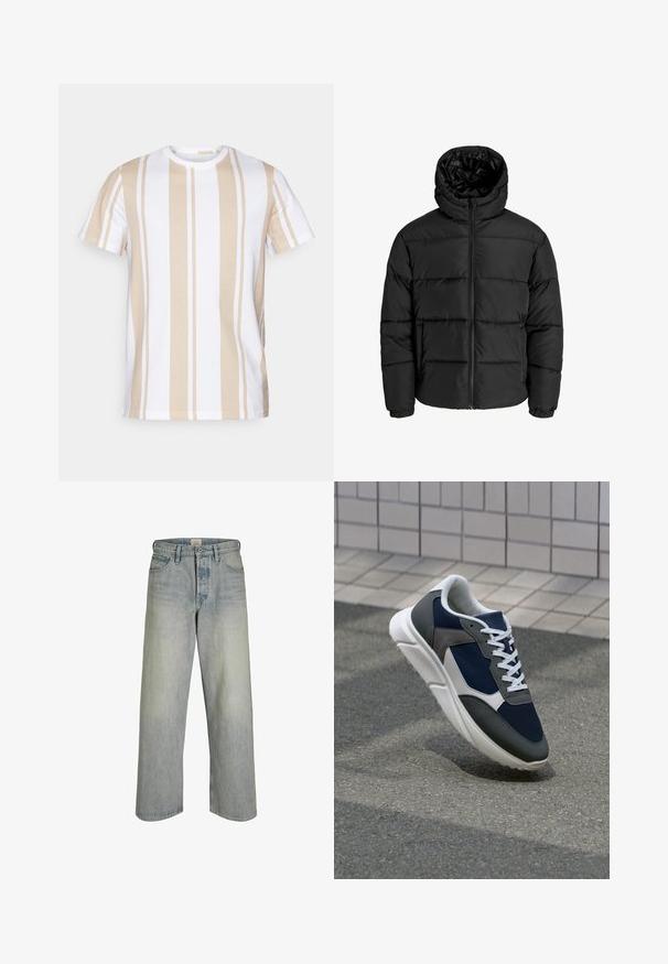 Melna pūkaina jaka ar rāvējslēdzēju priekšā, kapuci un elastīgām piedurknēm. Izgatavota no gludas, laika apstākļiem izturīgas materiāla ar kviltēta dizainu.; Bežs un balts svītru krekliņš, īsas piedurknes, apaļa apkakle, izgatavots no mīksta kokvilnas. Vertikālas svītras ar dažādu platumu.; Gaiši zili denim platmalu džinsi ar augstu jostasvietu, piecām kabatām un pamanāmu nodilumu vintage izskatam.; Sporta apavi ar tumši zilas krāsas tīkla augšdaļu, pelēku zamšādas akcentiem, baltu gumijas zoli un plakaniem baltiem šņorēm, kas izstrādāti komfortam un elpojamībai.