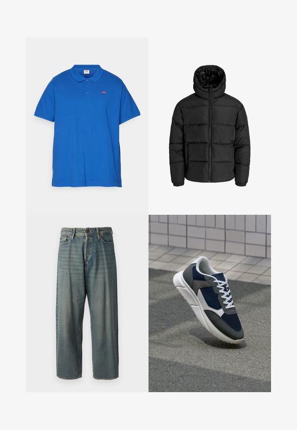 Čierna nadýchaná bunda s predným zipsom, kapucňou a elastickými manžetami. Vyrobená z hladkého, poveternostným podmienkam odolného materiálu s prešívaným dizajnom.; Levi's® Plus Polokošeľa - true blue; Svetlomodré denimové nohavice so voľným strihom, stredne vysokým pásom a rovnými nohavicami. Obsahujú päť vreciek, pútka na opasok a zapínanie na gombík.; Tenisky s sieťovinou v námorníckej modrej farbe, so sivými semišovými detailmi, bielou gumovou podrážkou a plochými bielymi šnúrkami, navrhnuté pre pohodlie a priedušnosť.