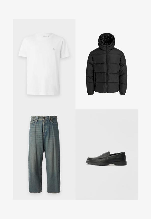 Juodas pūkuotas džemperis su užtrauktuku, kapišonu ir elastinėmis rankovėmis. Pagamintas iš glotnių, oro sąlygoms atsparių medžiagų su siuvinėjimo raštu.; Balta medvilnės marškinėliai trumpomis rankovėmis, su apvaliu iškirpimu ir mažu pilku siuvinėtai logotipu kairėje krūtinės pusėje. Lygus paviršius.; Šviesiai mėlyni džinsai su laisvu siluetu, vidutinio aukščio juosmeniu ir tiesiomis kojomis. Su penkiais kišenėmis, diržo kilpo ir mygtukų uždarymu.; Juodai odiniai loaferiai su sklandžiu paviršiumi, mokasino stiliaus viršus, siuvinėjimu ir guminėmis padangomis. Klasikinis dizainas su žemu kulnu.