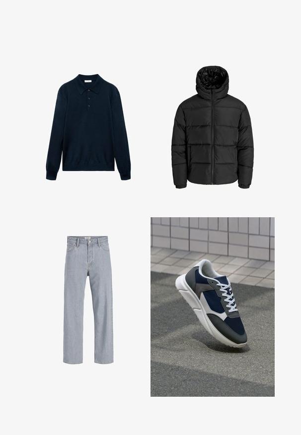 Črna puf jakna z zadrgo spredaj, kapuco in elastičnimi manšetami. Narejena iz gladkega, vremensko odpornega materiala s prešitim dizajnom.; Mornarska dolga polo majica iz mehkega materiala. Ima usnjeno ovratnico, tri gumbe spredaj in rebraste manšete.; Svetlo modri kavbojki s sproščenim krojem, naravnost oblikovani nogi, vidnimi šivi, dvema sprednjima žepoma in gumbnim zapiranjem.; Superge z zgornjim delom iz mrežaste tkanine v mornarsko modri barvi, sivi usnjeni poudarki, belo gumijasto podplato in ravnimi belimi vezalkami, zasnovane za udobje in zračnost.