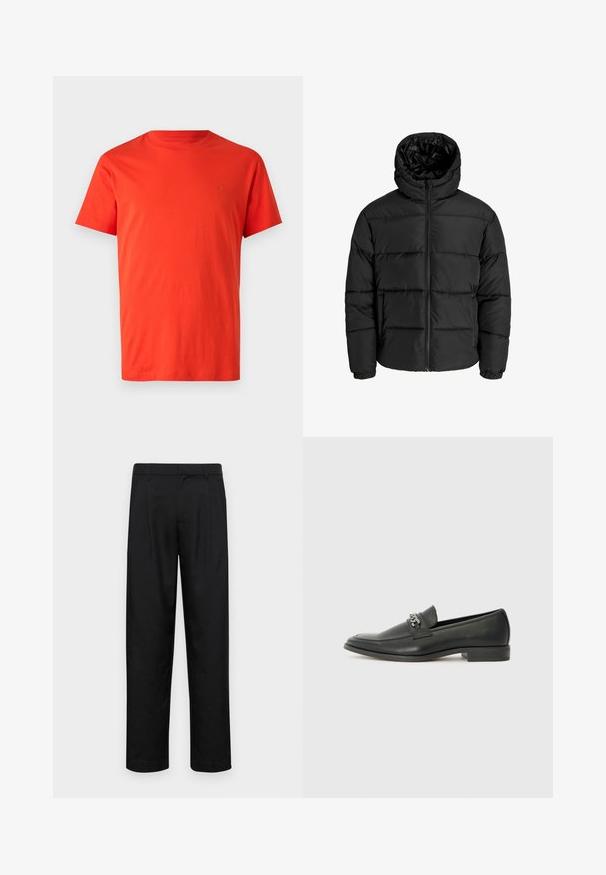 Črna puf jakna z zadrgo spredaj, kapuco in elastičnimi manšetami. Narejena iz gladkega, vremensko odpornega materiala s prešitim dizajnom.; Rdeča bombažna majica s kratkimi rokavi, okroglo izrezana, z detajlom logotipa v tonu na levi prsni strani. Gladka tekstura in običajen kroj.; Črne hlače iz gladkega materiala, s krojem ravne noge, dvema sprednjima pregiboma in standardnim pasom z zankami za pas.; Črni usnjeni loafer z gladko površino, ki ima šivano zasnovo in dekorativni kovinski verižni naglas preko vampirja. Ravno peto.