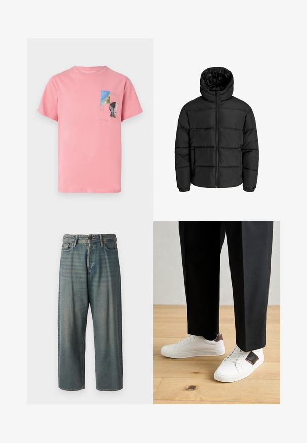 Juodas pūkuotas džemperis su užtrauktuku, kapišonu ir elastinėmis rankovėmis. Pagamintas iš glotnių, oro sąlygoms atsparių medžiagų su siuvinėjimo raštu.; Rožinė medvilninė marškinė su trumpomis rankovėmis. Priekyje yra spausdinta grafika mėlyna, žalia ir juoda spalvomis, įskaitant tekstą ir geometrines formas.; Šviesiai mėlyni džinsai su laisvu siluetu, vidutinio aukščio juosmeniu ir tiesiomis kojomis. Su penkiais kišenėmis, diržo kilpo ir mygtukų uždarymu.; Balti sportbačiai su glotnia danga, puošti rudais odiniais akcentais ir juodais detalėmis, derinami su juodais pritaikytais kelnėmis. Medinių grindų fonas.