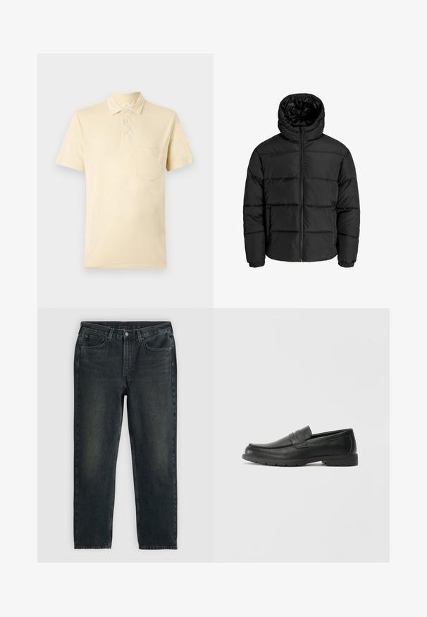 Schwarze Pufferjacke mit Reißverschluss, Kapuze und elastischen Bündchen. Hergestellt aus glattem, wetterbeständigem Material mit gestepptem Design.; Helles gelbes Polohemd mit kurzen Ärmeln, Kragen, einer vierknöpfigen Knopfleiste und einer Tasche auf der linken Brust. Strukturierter Stoff mit dezentem Glanz.; Dunkelblaue Jeans aus Denim mit geradem Bein, fünf Taschen, Reißverschluss und kontrastierenden Nähten. Dezente Ausbleichungen im Stoff.; Schwarze Lederloafers mit glatter Oberfläche, Mokassin-oberteil, genähten Details und Gummisohle. Klassisches Design mit niedrigem Absatz.