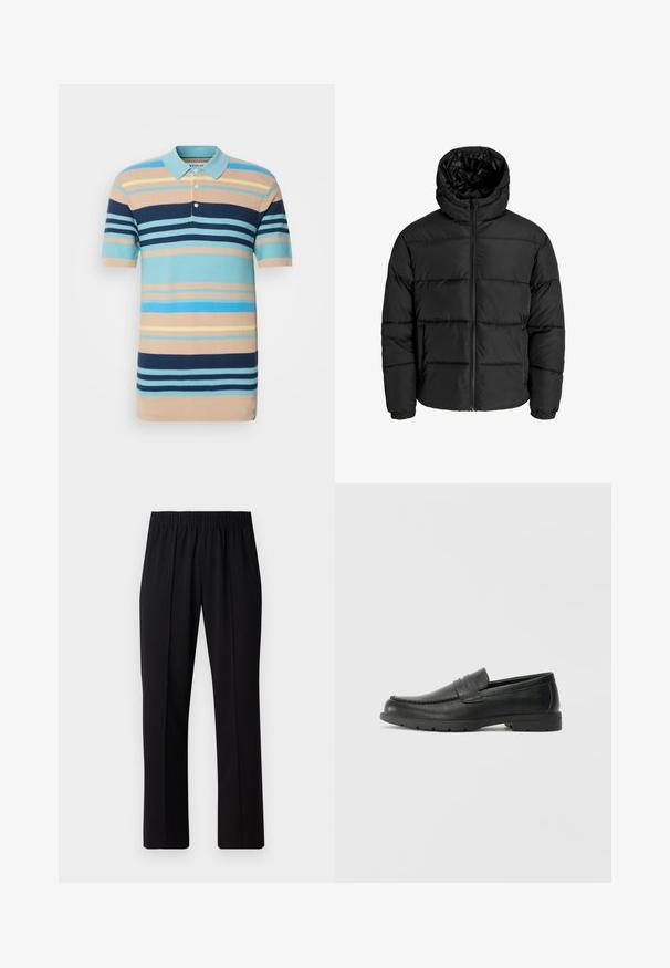 Jachetă puffer neagră cu fermoar în față, glugă și manșete elastice. Fabricată dintr-un material neted, rezistent la intemperii, cu un design matlasat.; Polo cu dungi, având culori bleu deschis, bleumarin și bej, cu mâneci scurte, guler și deschidere cu două butoane, realizat dintr-un material tricotat texturat.; Pantaloni negri cu talie elastică, cu un design cu picioare drepte, având o textură netedă și fără modele sau accesorii vizibile.; Labeled cu oglindă din piele neagră cu un finisaj neted, partea superioară în stil mocasin, detalii cusute și o talpă din cauciuc. Design clasic cu un toc jos.
