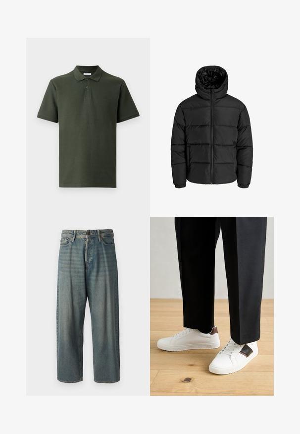 Čierna nadýchaná bunda s predným zipsom, kapucňou a elastickými manžetami. Vyrobená z hladkého, poveternostným podmienkam odolného materiálu s prešívaným dizajnom.; Tmavo zelené polo tričko vyrobené z textúrovanej tkaniny. Má golier, dva gombíky a malé logo na hrudi. Krátke rukávy.; Svetlomodré denimové nohavice so voľným strihom, stredne vysokým pásom a rovnými nohavicami. Obsahujú päť vreciek, pútka na opasok a zapínanie na gombík.; Biele tenisky s hladkým povrchom, s hnedými koženými akcentmi a čiernymi detailmi, spárované s čiernymi elegantnými nohavicami. Pozadím je drevená podlaha.
