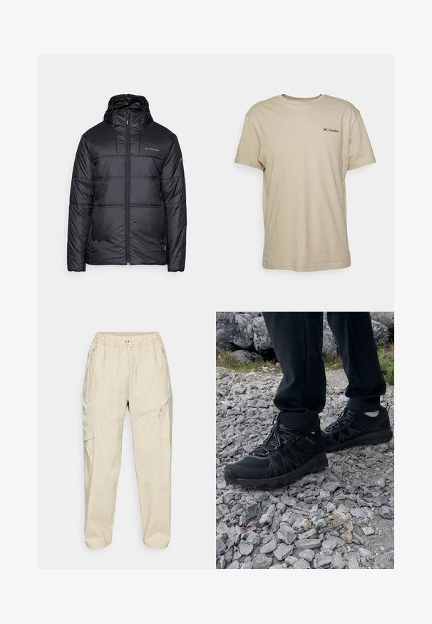 Vaude NEYLAND HOODED  - Winterjacke - black; Beige Baumwoll-T-Shirt mit kurzen Ärmeln, Rundhalsausschnitt und einem kleinen schwarzen Logo auf der linken Brustseite. Glatte Textur, lässiges Design.; Beige leichte Cargo-Hose mit elastischem Bund, seitlichen Reißverschlusstaschen und einem schmal zulaufenden Bein für einen lässigen Sitz.; Schwarze Outdoor-Schuhe aus Mesh und synthetischem Material, mit einer strukturierten Oberseite, gesichertem Schnürsystem und griffiger Laufsohle, auf felsigem Gelände.