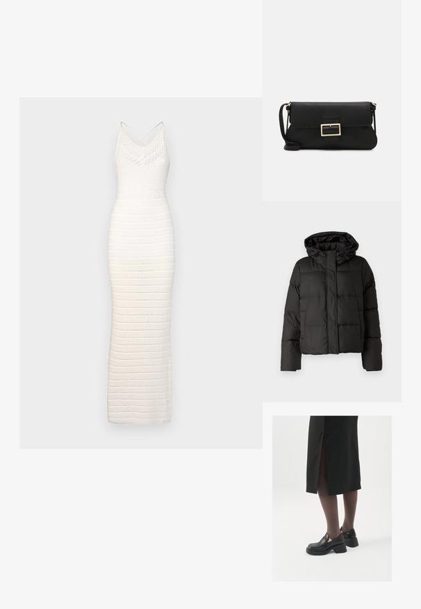 Fekete puffernadrág kapucnival, elöl cipzárral záródik, steppelt mintázattal és elasztikus mandzsettákkal rendelkezik. Simább szintetikus anyagból készült.; Gina Tricot DRESS - Maxi ruha - offwhite; Fekete bőr cipők lekerekített orral, vastag blokk sarkakkal és elasztikus oldalsó díszítésekkel, sötét harisnyával és hasítékkal ellátott fekete szoknyával párosítva.; Fekete bőr kézitáska hajtóka részlettel és aranyszínű fém csattal. Tartalmaz egy fekete pántot és egy letisztult, minimális dizájnt.