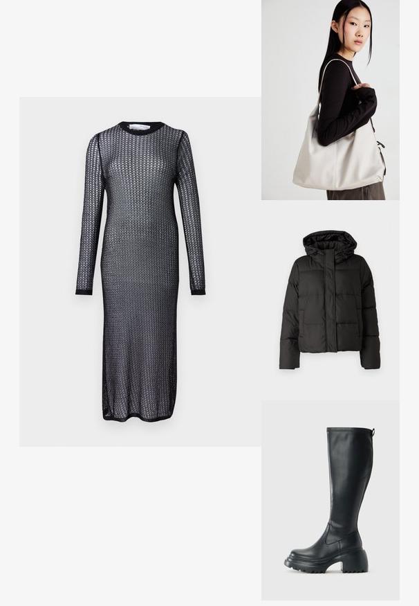 Juodas pūkinis džinsas su kapišonu, užtrauktuku priekyje, siuvinėtu raštu ir elastingais rankogaliais. Pagamintas iš lygios sintetinės medžiagos.; Juodas ilgas megztinis su ilgomis rankovėmis, pagamintas iš permatomos megztos medžiagos, kuris turi apvalų iškirpimą ir siaurą, prilipusią siluetą.; Ilgas juodos odinės batai su masyvi platforma ir stačiakampiu kulnu, turintys traukimo kilpą ir tekstūruotą pado raštą.; Bežinė rankinė, pagaminta iš minkštos medžiagos, turinti laisvą dizainą, siuvinėtas detalės ir dvi petnešos. Tinkama kasdieniam naudojimui.