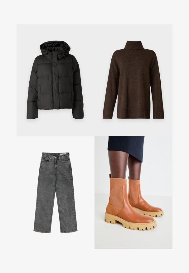 Black puffer jacket with a hood, zip front closure, quilted pattern, and elastic cuffs. Made from smooth synthetic material.; Brown knitted sweater with a high ribbed collar, wide sleeves, and a soft texture. Features a relaxed fit and ribbed accents on the sleeves.; High-waisted black washed straight-leg jeans with front pockets, belt loops, button closure, and a branded inner waistband label.; Brown leather ankle boots with ribbed elastic panels, chunky beige sole, and pull tab detail; contemporary design with a textured finish.