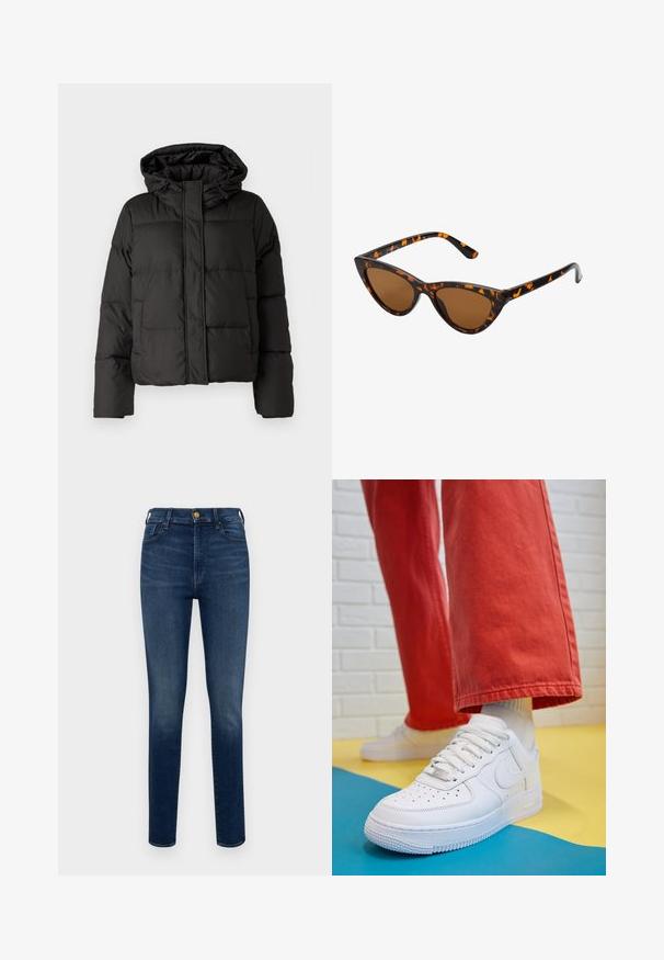 Must musterk jacket, millede, tõmbluku ees sulgemine, tikandmuster ja elastsed mansetid. Valmistatud siledast sünteetilisest materjalist.; Pruun koondatud kootud särk kõrge sooniku kaelusega, laia varrukatega ja pehme tekstuuriga. Omab lõdvaist sobivust ning soonikaktsente varrukatel.; Tumedat sinised teksapüksid, millel on kitsas lõige, viis taskut, ees nööbiga kinnitamine ja kerge kulumine jalgadel.; Valge nahast tennis, millel on perforeeritud varvas, tekstureeritud tallad ja valged shoelaces, kombineeritud laia punase pükste ja sinise ning kollase taustaga.; Kassi vormiga prillid musta ja oranži kilpkonnakujulise raami, pruunide läätsede ja elegantsete teravate otstega. Templi juures on minimaalne logo.; Must haben musta nahkklahviga kott, millel on klapp ja kuldne metallist pandla detail. Kaasas must rihm ja stiilne, minimalistlik disain.