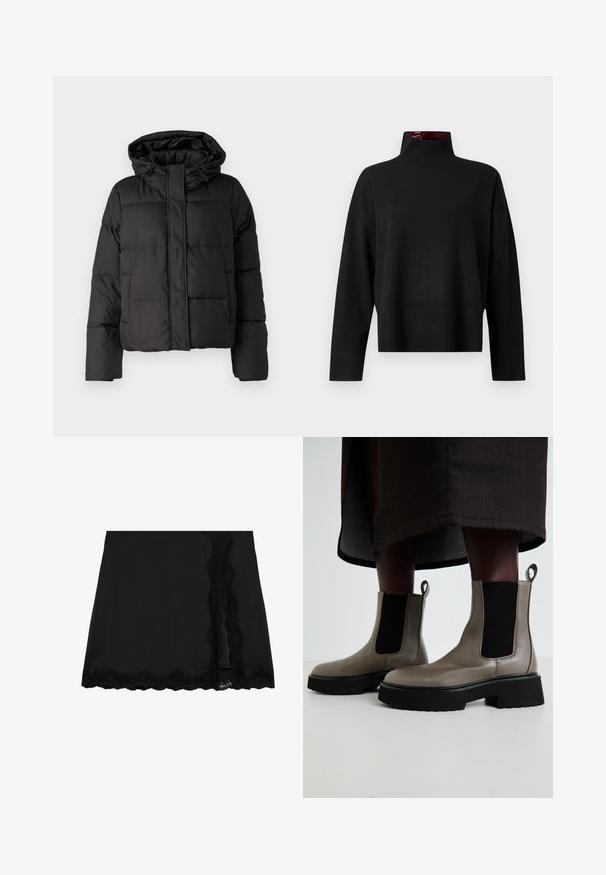 Must musterk jacket, millede, tõmbluku ees sulgemine, tikandmuster ja elastsed mansetid. Valmistatud siledast sünteetilisest materjalist.; Must mustre, mis on valmistatud pehmest kudumikoest. Omab soonikkoes kaelust ja mansette, lõdva lõikega ja lühikese pikkusega.; Even&Odd Miniseelik - black; Hallide hallukad, mis on valmistatud tekstuursest nahast, millel on elastsed külgpaneelid ja massiivne must tald. Omab tõmblukke mugavaks selga panemiseks.