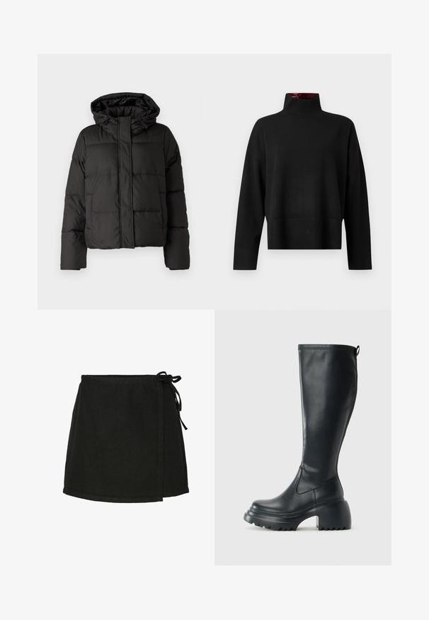 Juodas pūkinis džinsas su kapišonu, užtrauktuku priekyje, siuvinėtu raštu ir elastingais rankogaliais. Pagamintas iš lygios sintetinės medžiagos.; Juodas golfas, pagamintas iš švelnaus mezginio audinio. Yra raukšlėtas apykaklė ir rankovių kraštai, turi laisvą siluetą ir trumpą ilgį.; Juodas medvilninis apvanas sijonas su kaklaraiščio uždarymu, tiesus kirpimas ir iki vidurio šlaunies ilgio. Sukurtas su lygiu paviršiumi ir minimalistiniu dizainu.; Ilgas juodos odinės batai su masyvi platforma ir stačiakampiu kulnu, turintys traukimo kilpą ir tekstūruotą pado raštą.