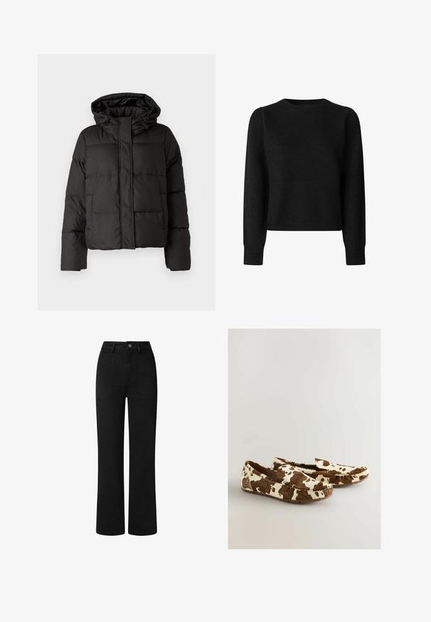 Giubbotto piumino nero con cappuccio, chiusura frontale con zip, motivo trapuntato e polsini elasticizzati. Realizzato in materiale sintetico liscio.; Maglione nero lavorato a maglia con maniche lunghe, scollatura rotonda e vestibilità cropped. Presenta polsini e orlo a coste. Texture morbida, colore uniforme.; Pantaloni neri a vita alta con design a gamba dritta, realizzati in morbido tessuto di cotone. Presentano tasche frontali e una semplice chiusura con bottone in metallo.; Mocassini in stampa mucca realizzati in materiale morbido con motivo marrone e bianco, dotati di un design slip-on e suola in gomma piatta.