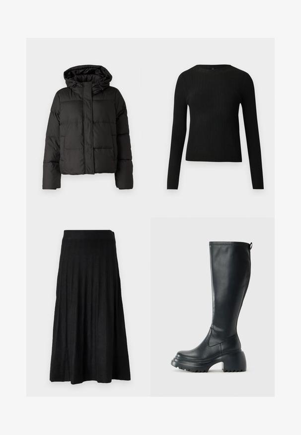 Musta puffatakki hupulla, vetoketjukiinnityksellä, tikattu kuvio ja elastiset hihansuut. Valmistettu sileästä synteettisestä materiaalista.; Mustat ribbitetut pitkähihaiset tiukat neuleet, joissa on pyöreä pääntie, esillä yksinkertaisella vaalealla taustalla.; Mustat poimutetut hameet, jotka on valmistettu pehmeästä kankaasta. Hameessa on ribbireunus ja hulmuava muotoilu, joka ulottuu polveen.; Korkeat mustat nahkakengät, joissa on paksu pohja ja lohkare korko, varustettuna vetonauhalla ja tekstuurilla ulkopohjassa.