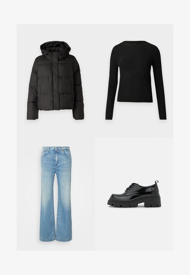 Geacă puffer neagră cu glugă, închidere cu fermoar în față, model matlasat și manșete elastice. Realizată din material sintetic neted.; Pulover negru cu mâncă lungă, cu textură ribbed, cu decolteu rotund, expus pe un fundal deschis și simplu.; Jeans din denim decolorat, albastre deschis, cu croială largă, având două buzunare frontale și închidere cu nasture. Prezintă o croială dreaptă și detalii minime de cusătură.; Pantofi din piele lacuită neagră cu o talpă platformă masivă și șireturi groase. Vârf rotunjit, detalii minime și o mică bucată de suport la spate.